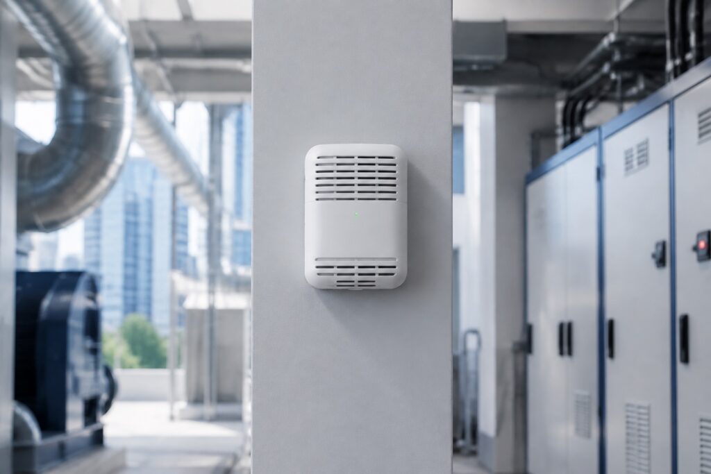 Illustration of a wall-mounted environmental sensor in a building plant room.