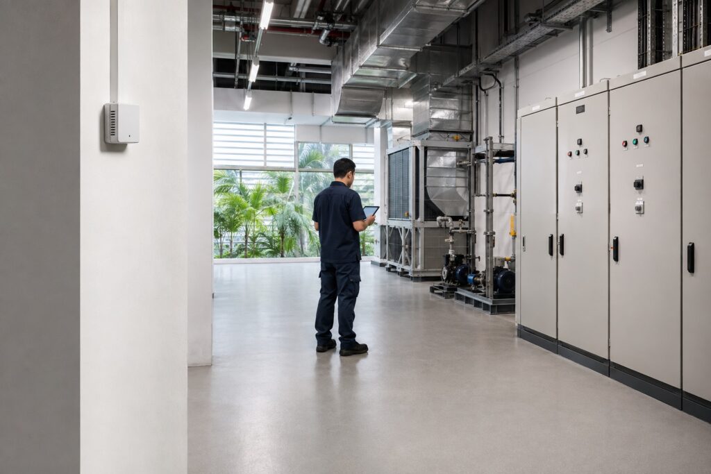 Illustration of an environmental sensor and facilities technician in a building plant room.