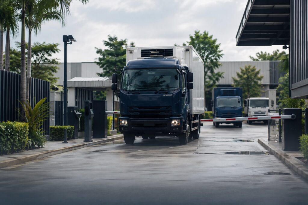 Illustration of commercial trucks passing through a monitored fleet depot.